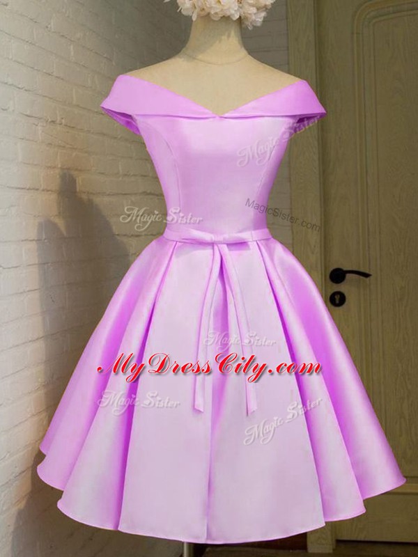 Excellent Lilac Lace Up Off The Shoulder Belt Bridesmaid Dresses Taffeta Cap Sleeves