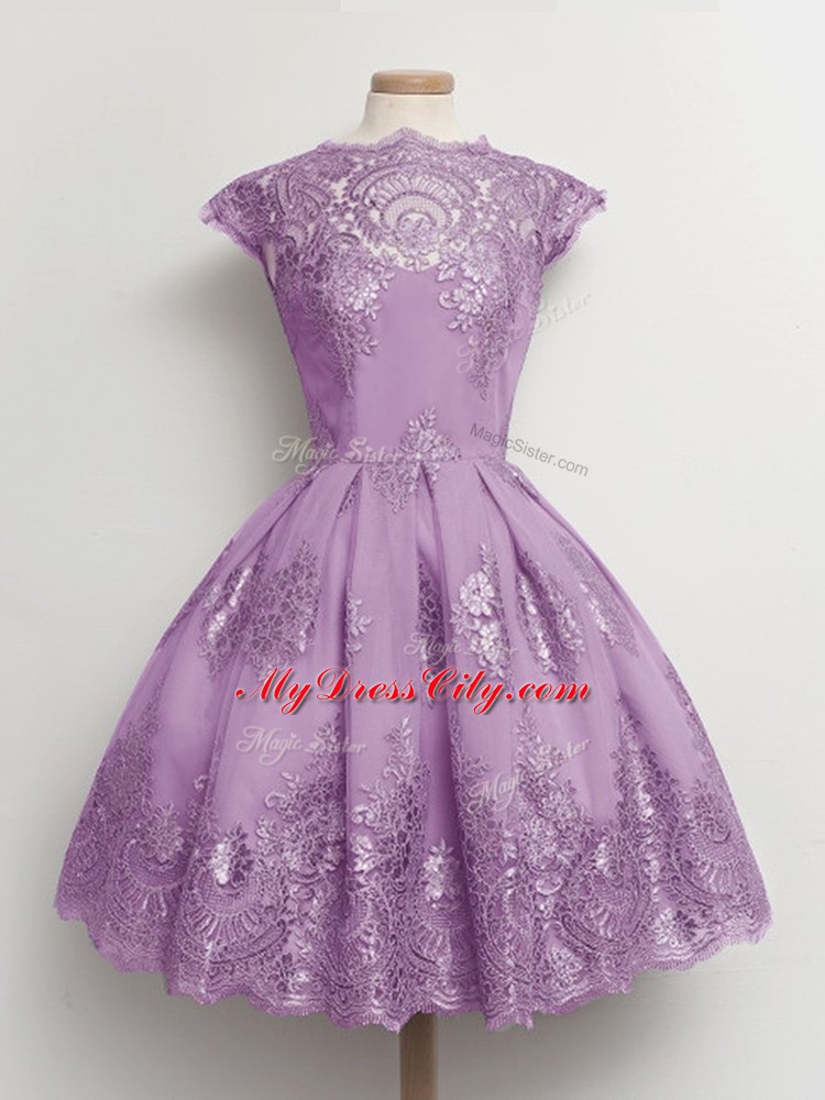 Discount Lavender Cap Sleeves Tulle Lace Up Damas Dress for Prom and Party and Wedding Party