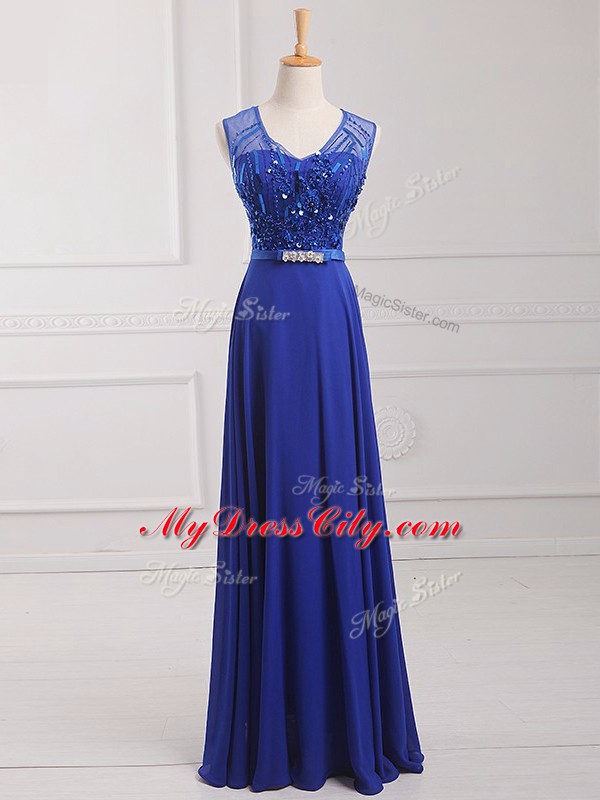 Flare Empire Dress for Prom Royal Blue Scoop Chiffon Sleeveless Floor Length Zipper