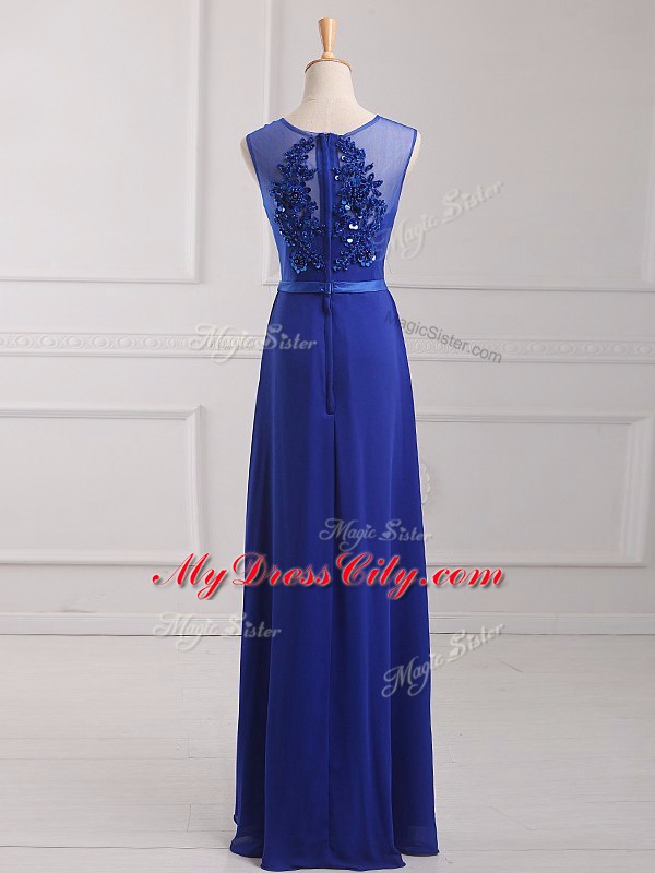 Flare Empire Dress for Prom Royal Blue Scoop Chiffon Sleeveless Floor Length Zipper