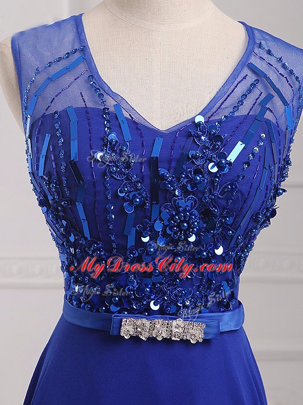 Flare Empire Dress for Prom Royal Blue Scoop Chiffon Sleeveless Floor Length Zipper