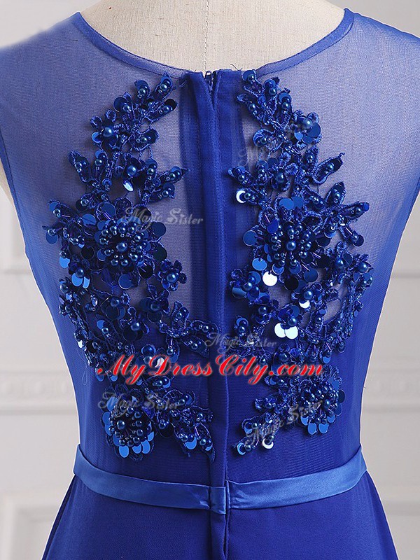 Flare Empire Dress for Prom Royal Blue Scoop Chiffon Sleeveless Floor Length Zipper