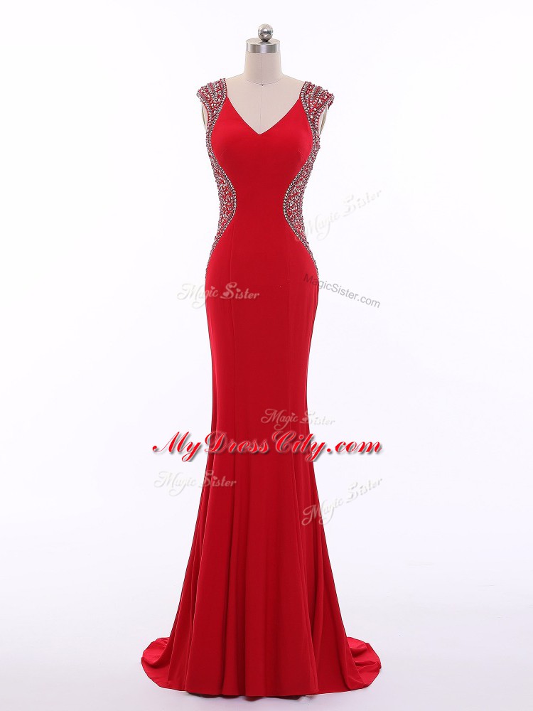 Glamorous Red Evening Outfits Chiffon Brush Train Sleeveless Beading