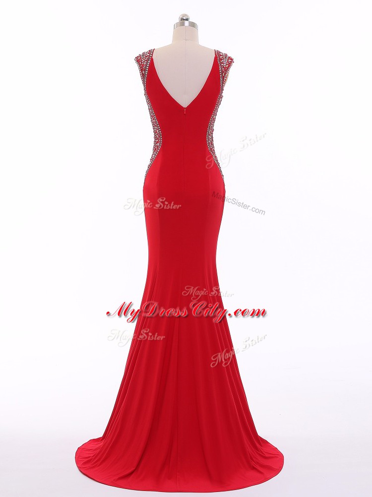 Glamorous Red Evening Outfits Chiffon Brush Train Sleeveless Beading