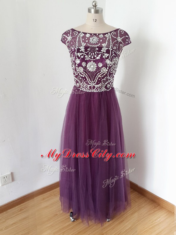 Eggplant Purple Empire Tulle Scoop Short Sleeves Beading Zipper Dress for Prom