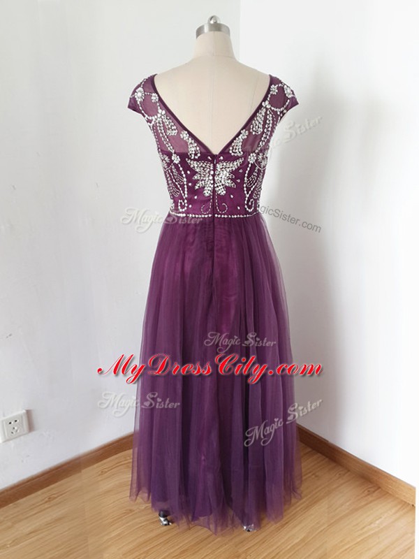 Eggplant Purple Empire Tulle Scoop Short Sleeves Beading Zipper Dress for Prom