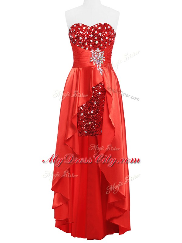 Coral Red Sleeveless Floor Length Beading and Ruching Zipper Dress for Prom