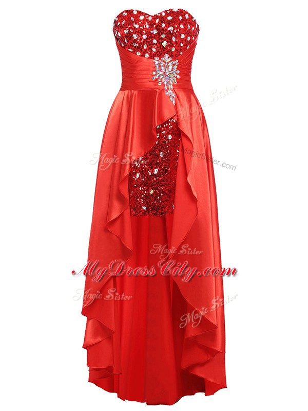 Coral Red Sleeveless Floor Length Beading and Ruching Zipper Dress for Prom