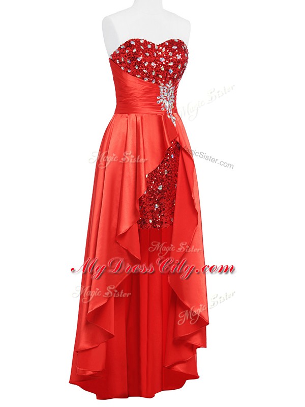 Coral Red Sleeveless Floor Length Beading and Ruching Zipper Dress for Prom