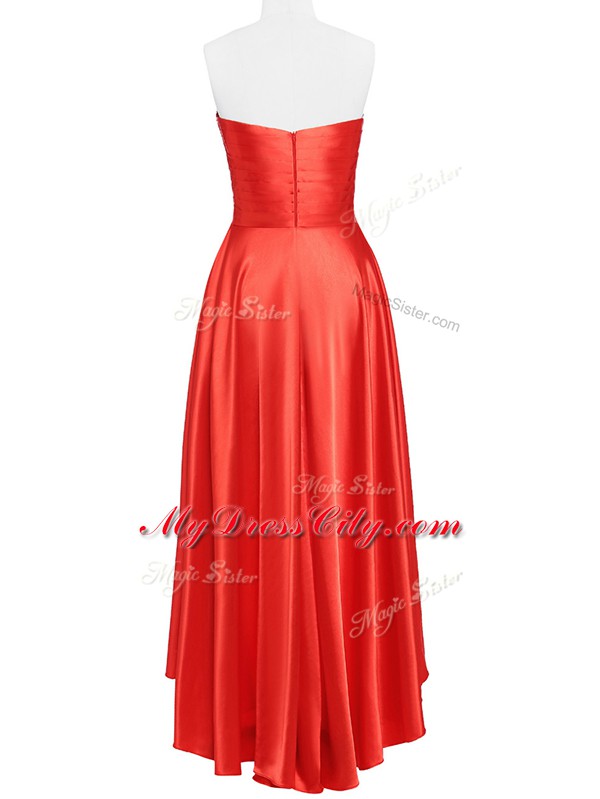 Coral Red Sleeveless Floor Length Beading and Ruching Zipper Dress for Prom