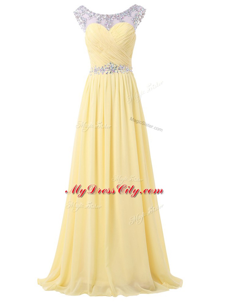 Pretty Floor Length Light Yellow Homecoming Party Dress Chiffon Sleeveless Beading and Ruching