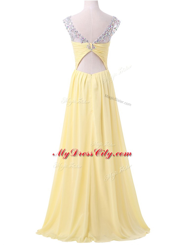 Pretty Floor Length Light Yellow Homecoming Party Dress Chiffon Sleeveless Beading and Ruching