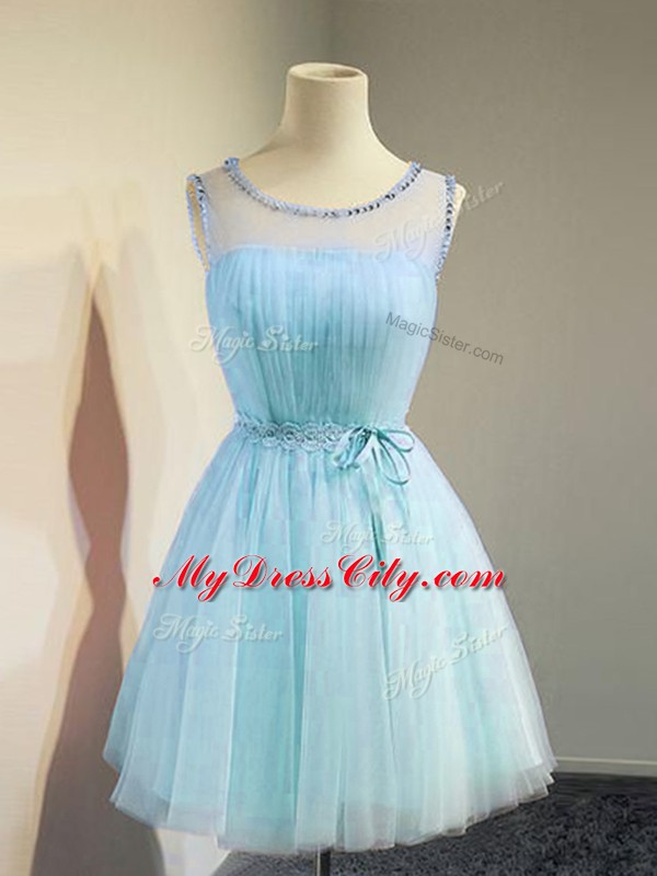 Dazzling Aqua Blue Tulle Lace Up Bridesmaid Dresses Sleeveless Knee Length Belt