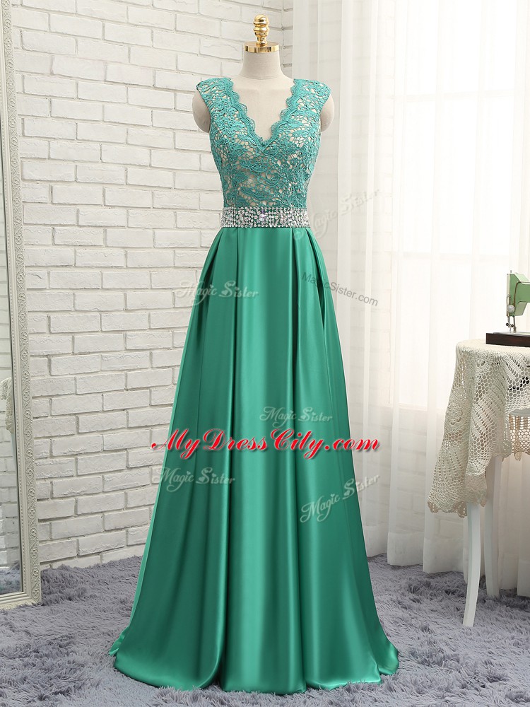 Eye-catching Sleeveless Elastic Woven Satin Floor Length Backless in Green with Lace and Appliques