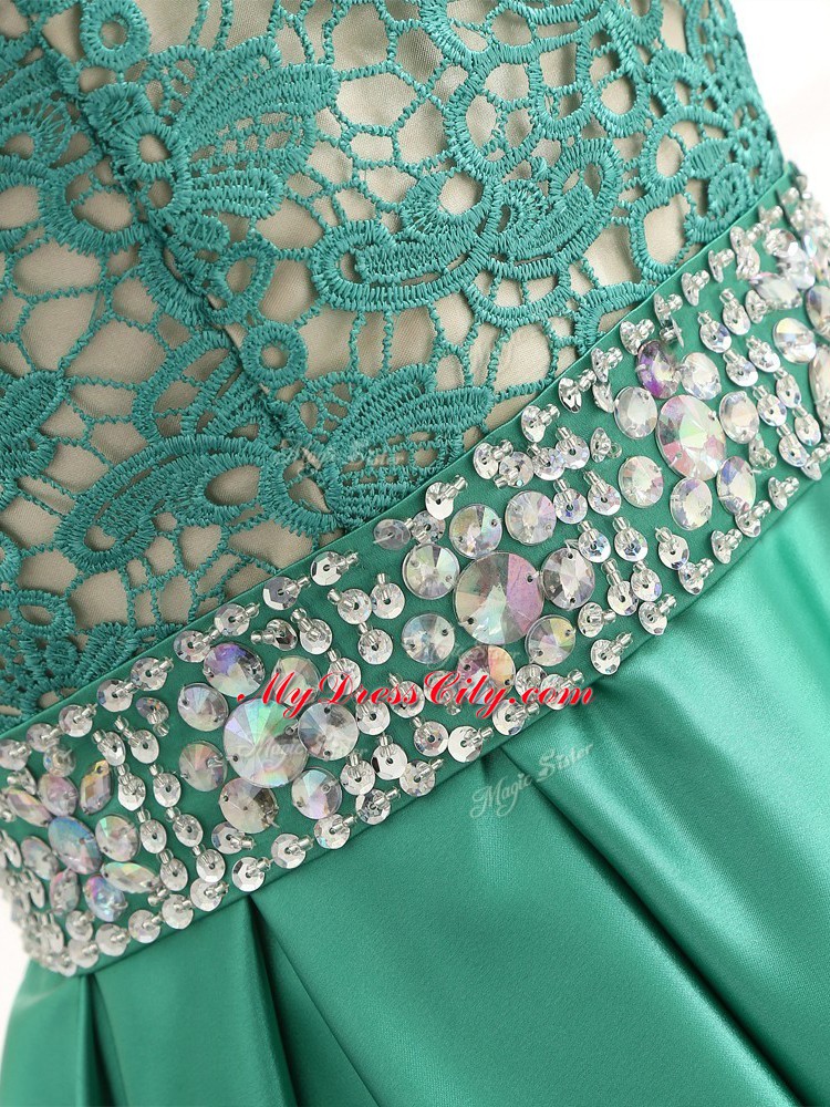 Eye-catching Sleeveless Elastic Woven Satin Floor Length Backless in Green with Lace and Appliques