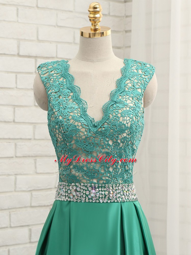 Eye-catching Sleeveless Elastic Woven Satin Floor Length Backless in Green with Lace and Appliques