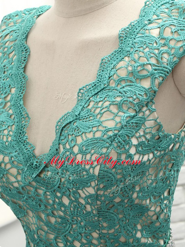 Eye-catching Sleeveless Elastic Woven Satin Floor Length Backless in Green with Lace and Appliques