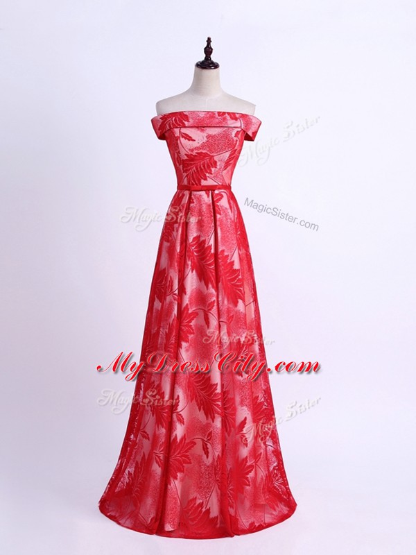 Exquisite Red Printed Lace Up Off The Shoulder Sleeveless Floor Length Bridesmaid Dresses Pattern