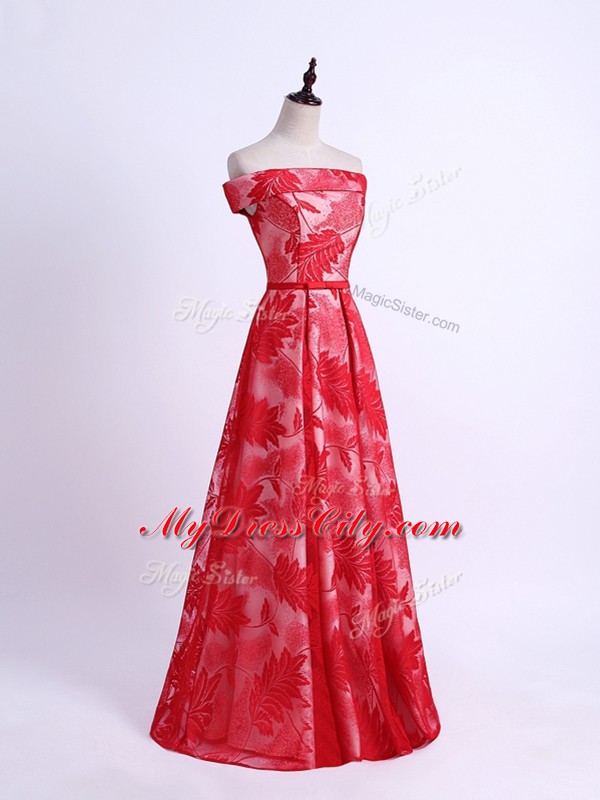 Exquisite Red Printed Lace Up Off The Shoulder Sleeveless Floor Length Bridesmaid Dresses Pattern