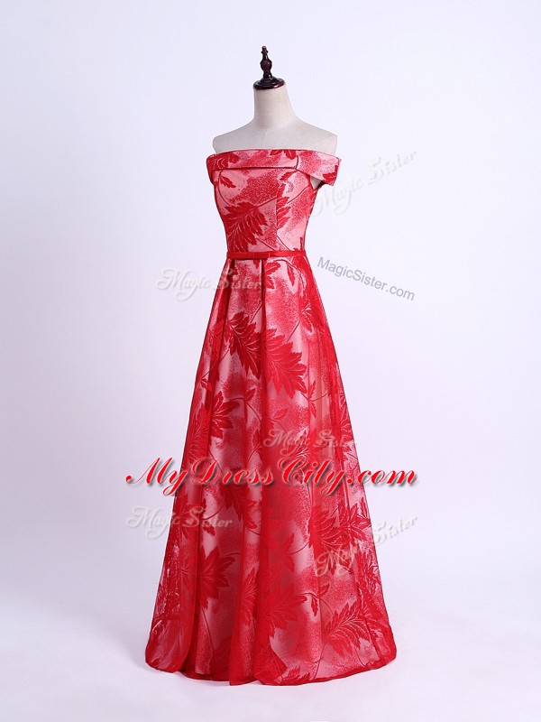 Exquisite Red Printed Lace Up Off The Shoulder Sleeveless Floor Length Bridesmaid Dresses Pattern