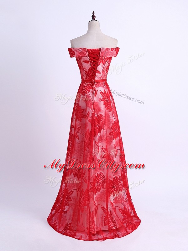 Exquisite Red Printed Lace Up Off The Shoulder Sleeveless Floor Length Bridesmaid Dresses Pattern