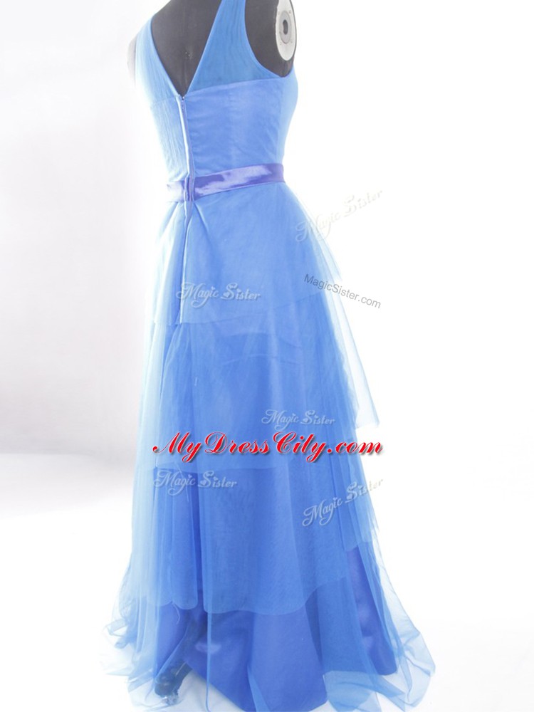 Attractive Floor Length Empire Sleeveless Blue Zipper