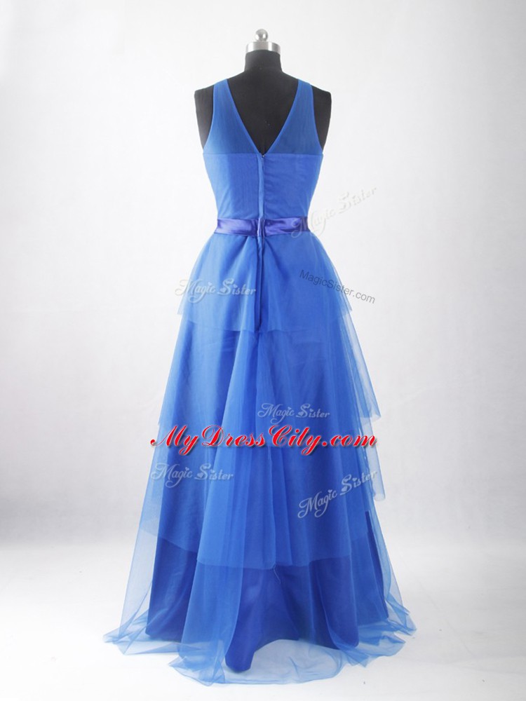 Attractive Floor Length Empire Sleeveless Blue Zipper