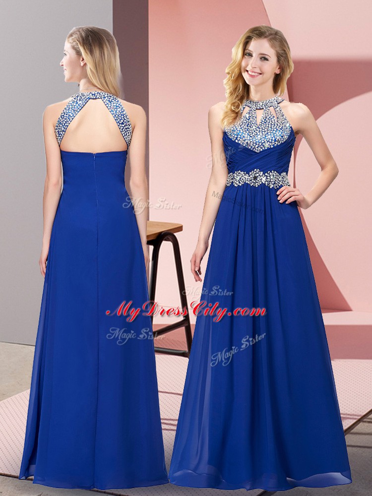 Enchanting Blue Chiffon Zipper Prom Dress Sleeveless Floor Length Beading and Ruching