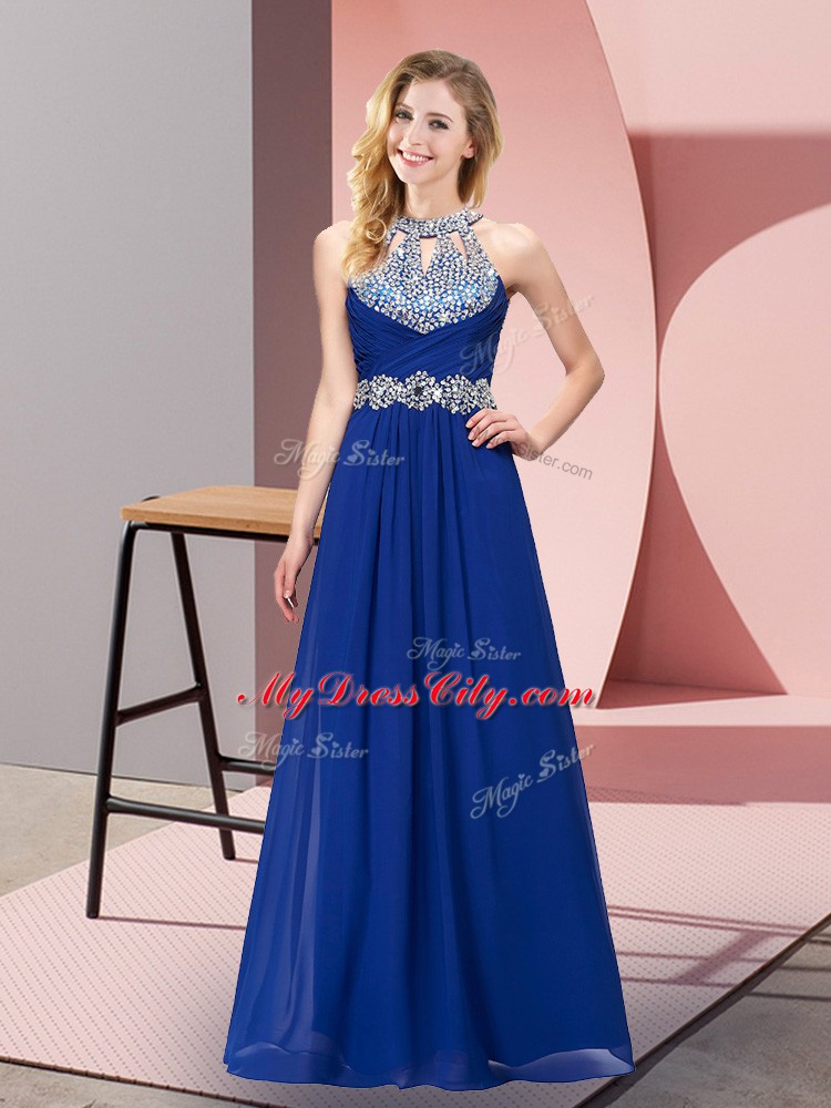 Enchanting Blue Chiffon Zipper Prom Dress Sleeveless Floor Length Beading and Ruching