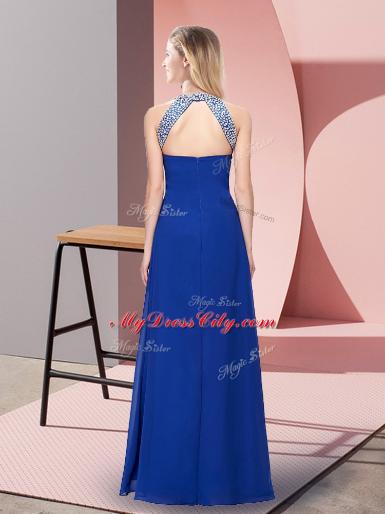 Enchanting Blue Chiffon Zipper Prom Dress Sleeveless Floor Length Beading and Ruching