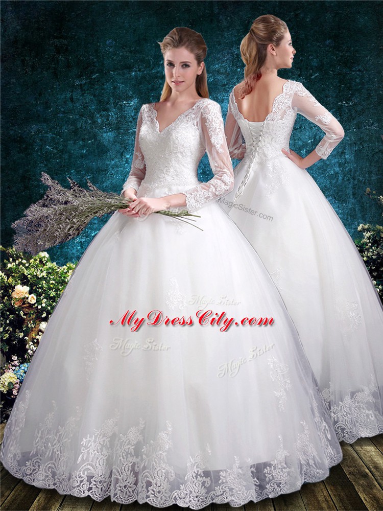 Elegant White Wedding Dress Wedding Party with Lace V-neck 3 4 Length Sleeve Lace Up