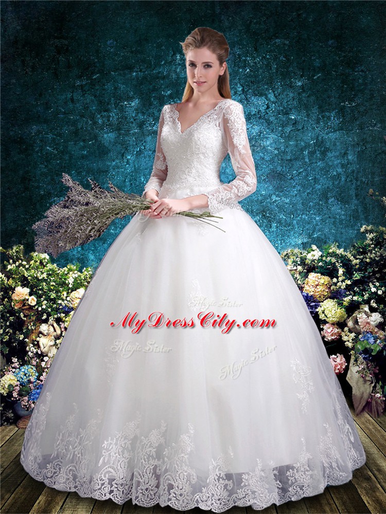 Elegant White Wedding Dress Wedding Party with Lace V-neck 3 4 Length Sleeve Lace Up