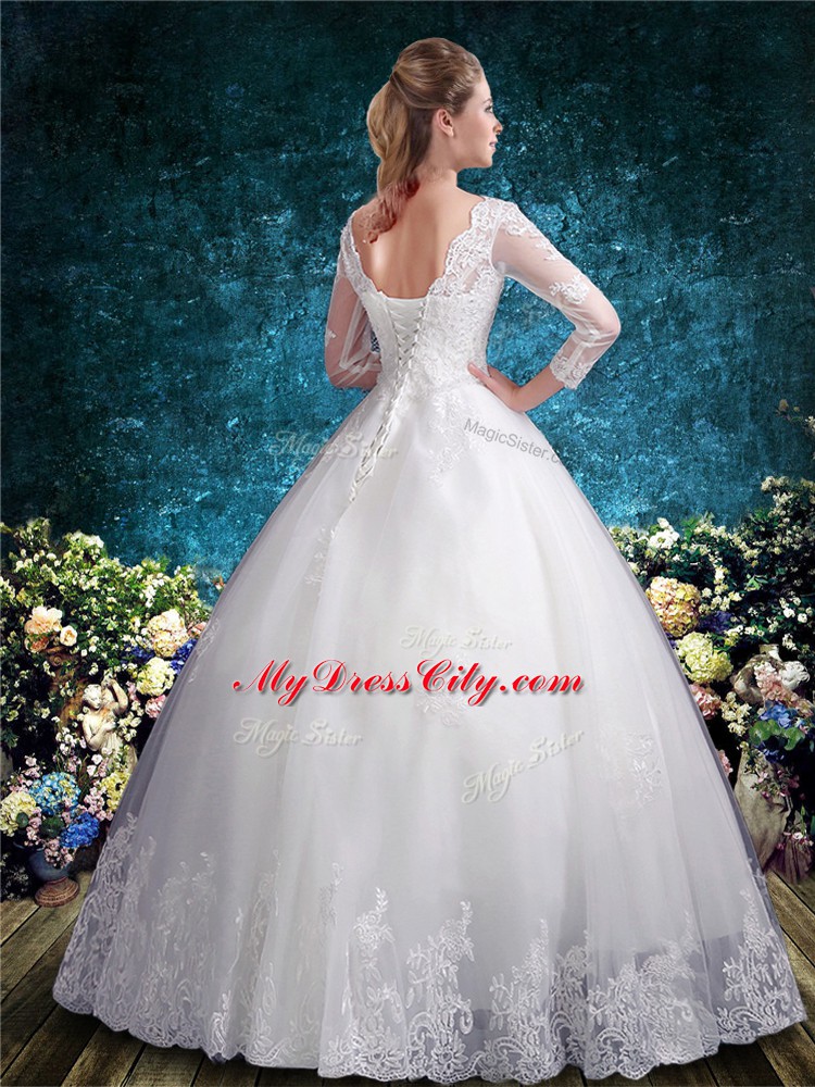 Elegant White Wedding Dress Wedding Party with Lace V-neck 3 4 Length Sleeve Lace Up