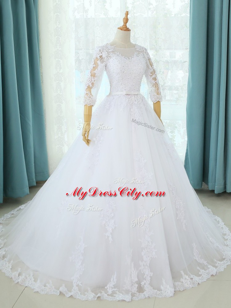 Affordable White Tulle Zipper Wedding Dresses Half Sleeves Court Train Lace and Appliques