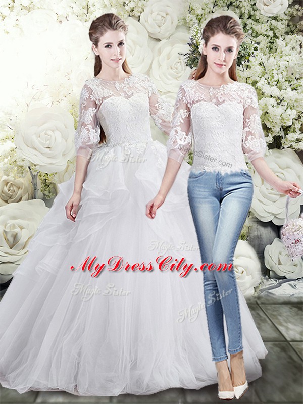 Elegant Half Sleeves Lace and Ruffles Lace Up Bridal Gown with White Brush Train