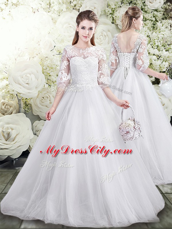 Elegant Half Sleeves Lace and Ruffles Lace Up Bridal Gown with White Brush Train