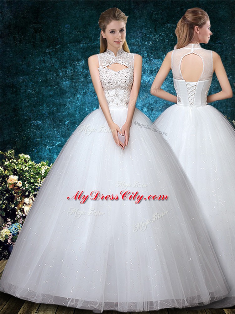 White Sleeveless Beading and Appliques and Embroidery Floor Length Wedding Gown