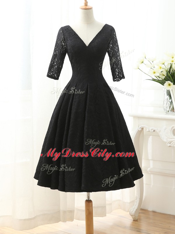 Knee Length Black Prom Dress V-neck Half Sleeves Lace Up