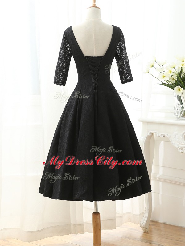 Knee Length Black Prom Dress V-neck Half Sleeves Lace Up