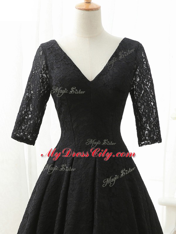 Knee Length Black Prom Dress V-neck Half Sleeves Lace Up