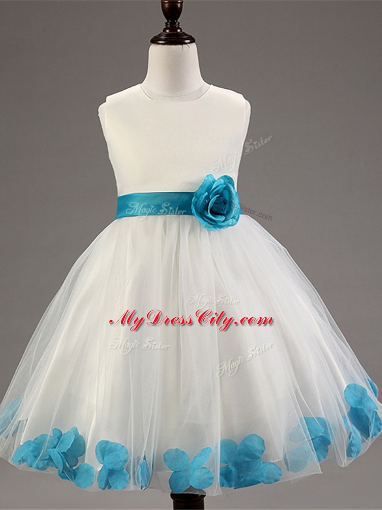 High Class White Zipper Scoop Appliques and Hand Made Flower Kids Formal Wear Tulle Sleeveless