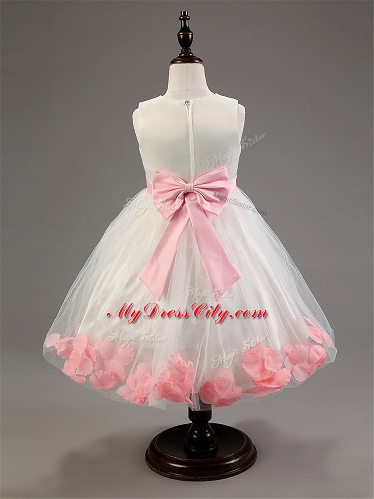 High Class White Zipper Scoop Appliques and Hand Made Flower Kids Formal Wear Tulle Sleeveless