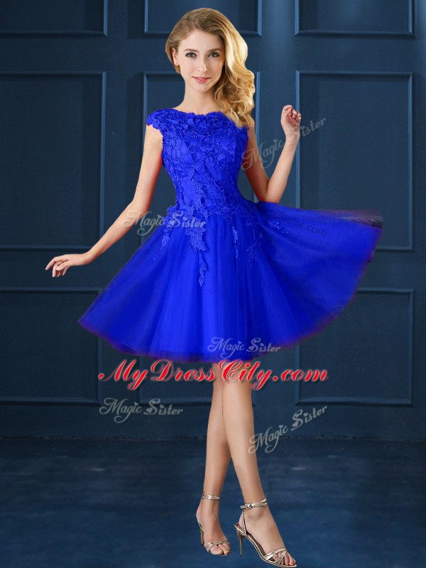 Bateau Cap Sleeves Tulle Bridesmaid Dresses Lace and Belt Lace Up