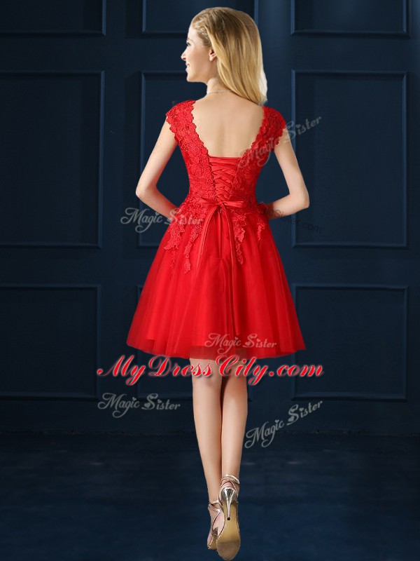 Bateau Cap Sleeves Tulle Bridesmaid Dresses Lace and Belt Lace Up