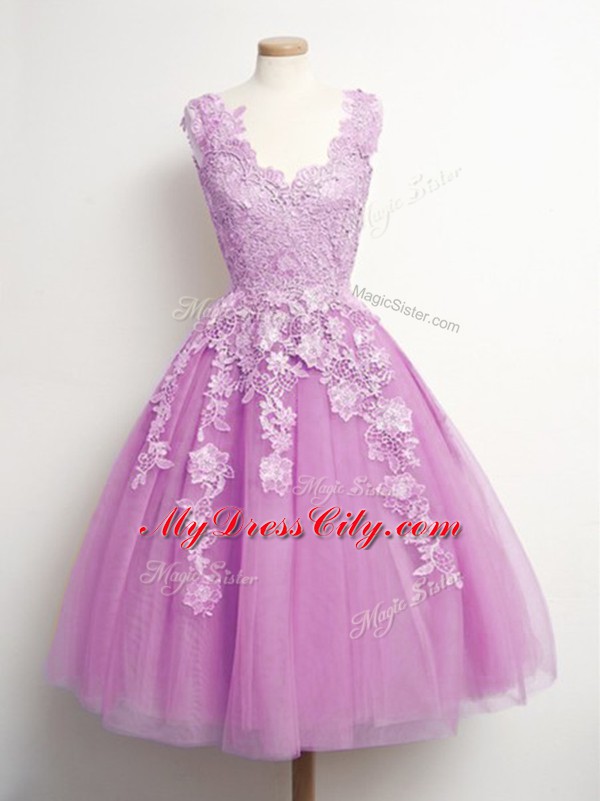 Decent Lilac Sleeveless Tulle Lace Up Bridesmaid Dresses for Prom and Party and Wedding Party