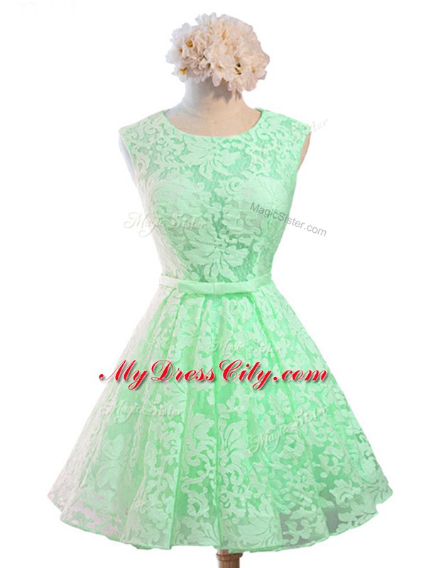 Custom Design A-line Wedding Guest Dresses Apple Green Scoop Lace Sleeveless Knee Length Lace Up