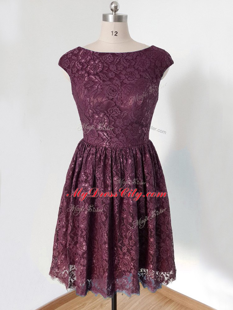 Sumptuous Scoop Cap Sleeves Lace Up Bridesmaids Dress Dark Purple Lace