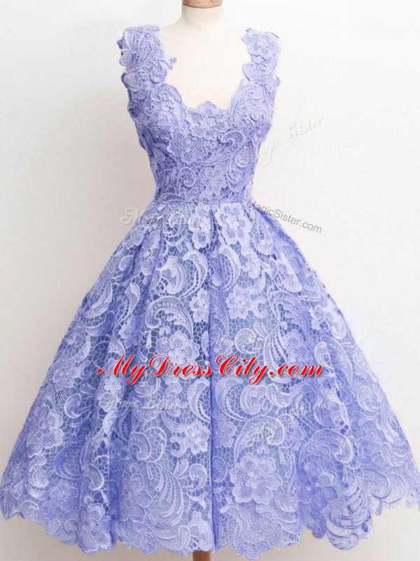 Straps Sleeveless Bridesmaid Gown Knee Length Lace Lavender Lace