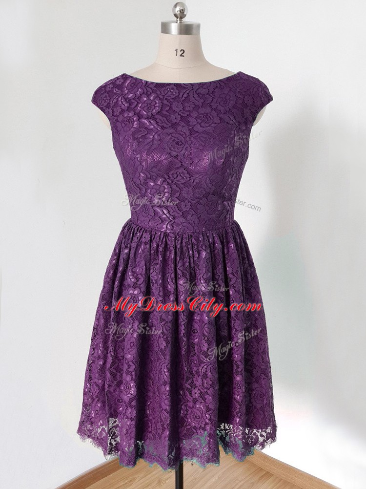 Empire Bridesmaid Dresses Dark Purple Scoop Lace Sleeveless Knee Length Lace Up