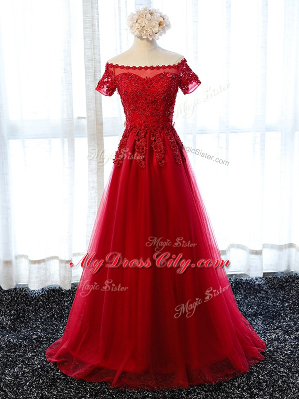 Pretty Floor Length Lace Up Dress for Prom Wine Red for Prom and Party and Military Ball and Sweet 16 with Beading and Lace and Appliques